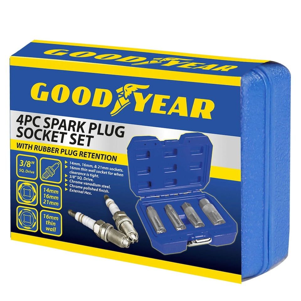image 1 of Goodyear 4pc Spark Plug Socket Set With Rubber Plug Retention External Hex
