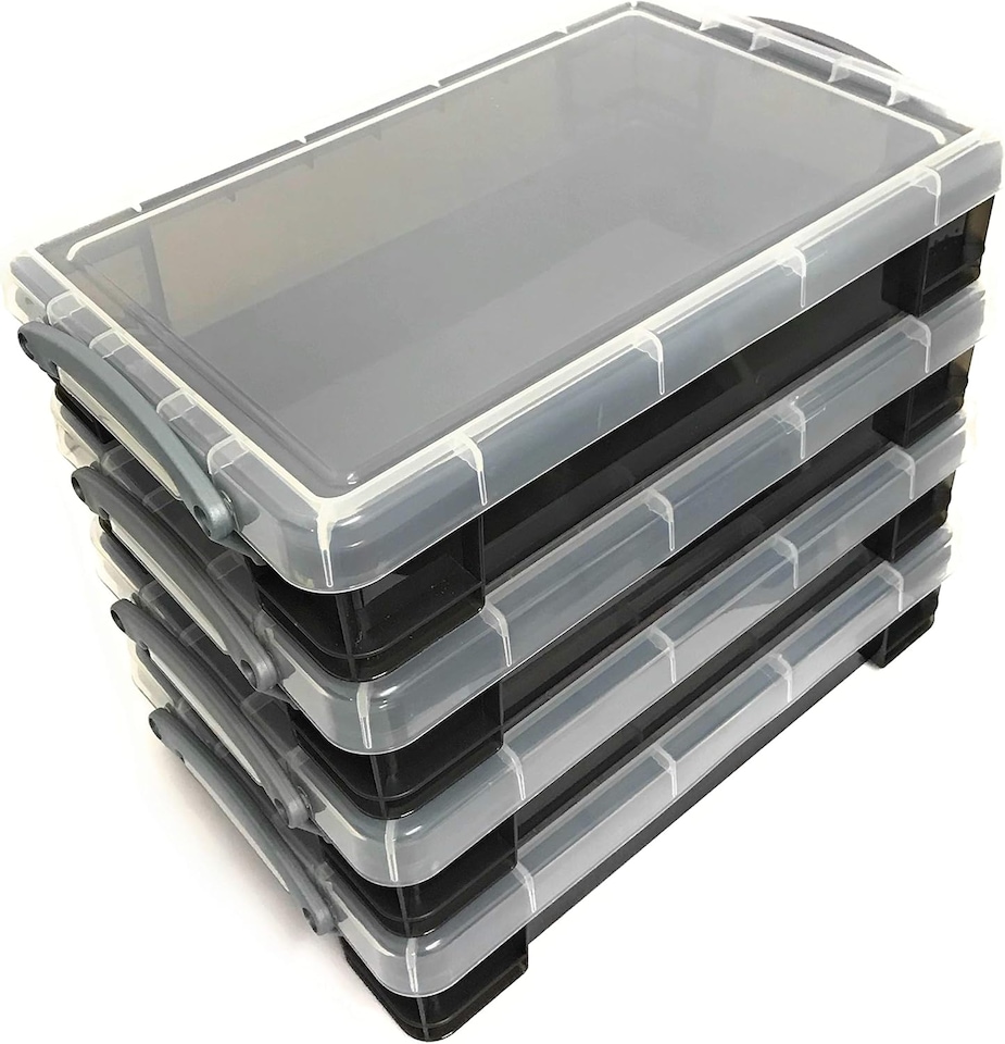 4 x Really Useful 4 Litre Storage Boxes Clear Plastic With Lid - Transparent Black