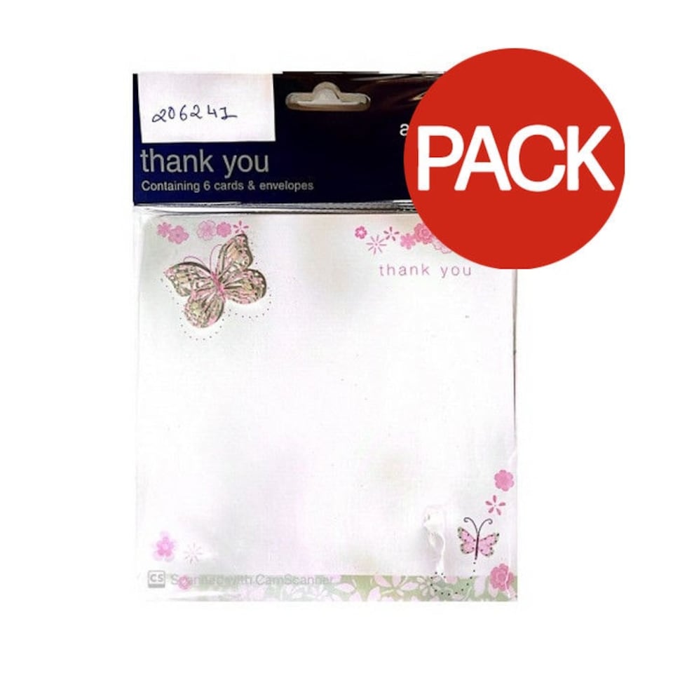 Simon Elvin Butterfly Thank You Card (Pack of 6) - White/Pink - One Size