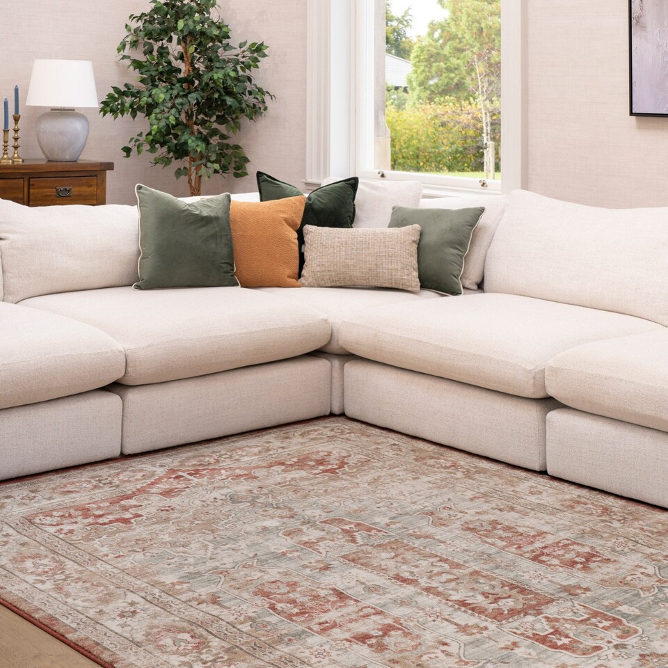image 1 of KUKOON Selma Traditional Plush Rug – Warm Terracotta Distressed Living Room Carpet 160cm x 230cm