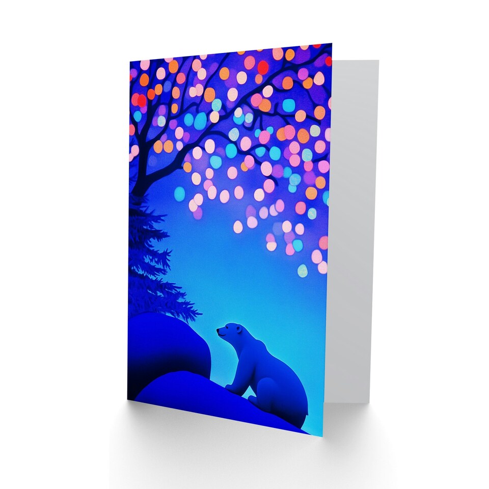 image 1 of Greeting Card Polar Bear Colourful Fairy Lights Tree at Night Blank For Him Or Her Art Xmas Christmas Card