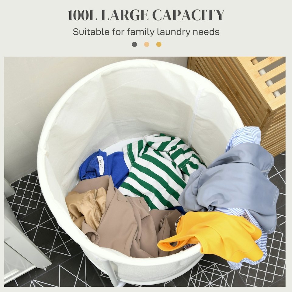 image 1 of HOMCOM 100L Round Laundry Hamper with Wheels for Bedroom Bathroom Cream White
