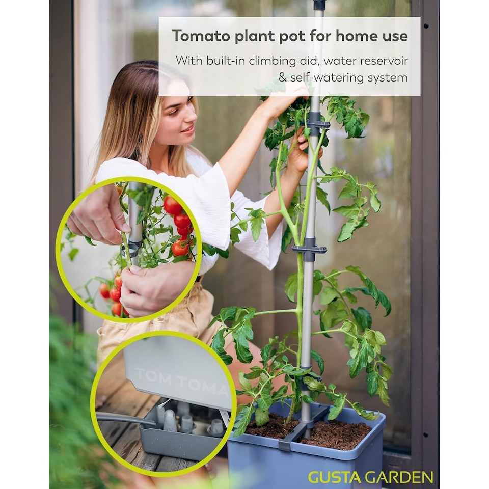 image 1 of Gusta Garden Tom Tomato Tomato Pot Blue - Planter with Climbing Aid, Self-Watering System & Plant Clips - 4.5L Water Reservoir & 20L Soil Capacity