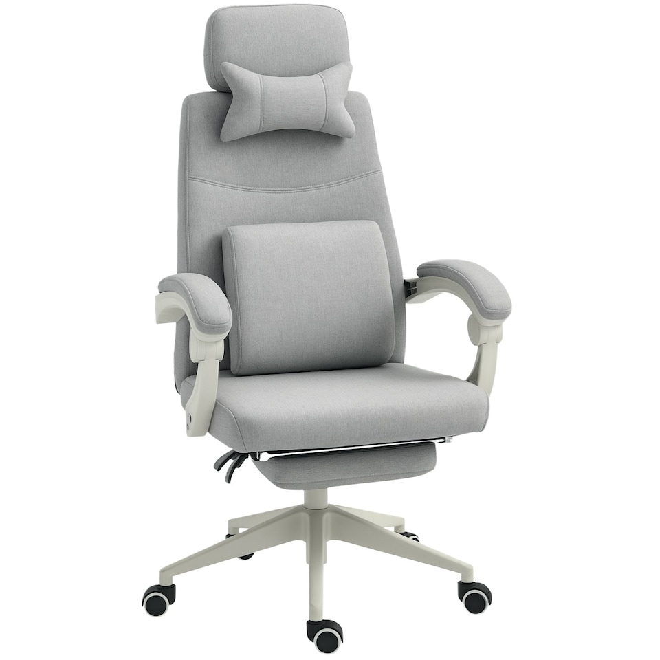 image 1 of Vinsetto Office Chair, Ergonomic Desk Chair, High Back Fabric Work Chair with 160 Reclining Backrest, Retractable Footrest, Neck and Lumbar Pillow for Home and Study, Grey