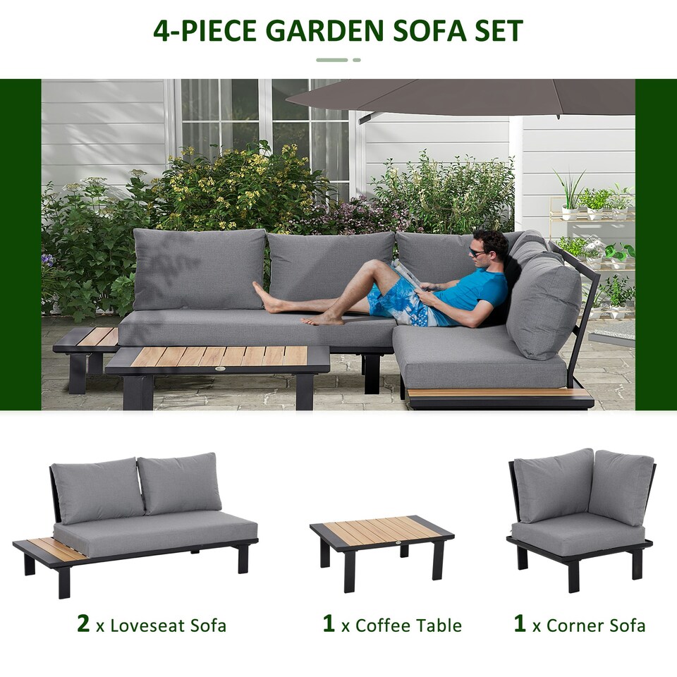 image 1 of Outsunny 4 PCS Garden Furniture Conversation Set w/ Loveseat Table, Grey
