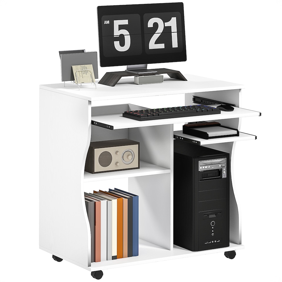 image 1 of HOMCOM Computer Desk with Sliding Keyboard Tray, Mobile Home Office Desk, Study Table with Storage Shelves, PC Desk on Wheels, White | White