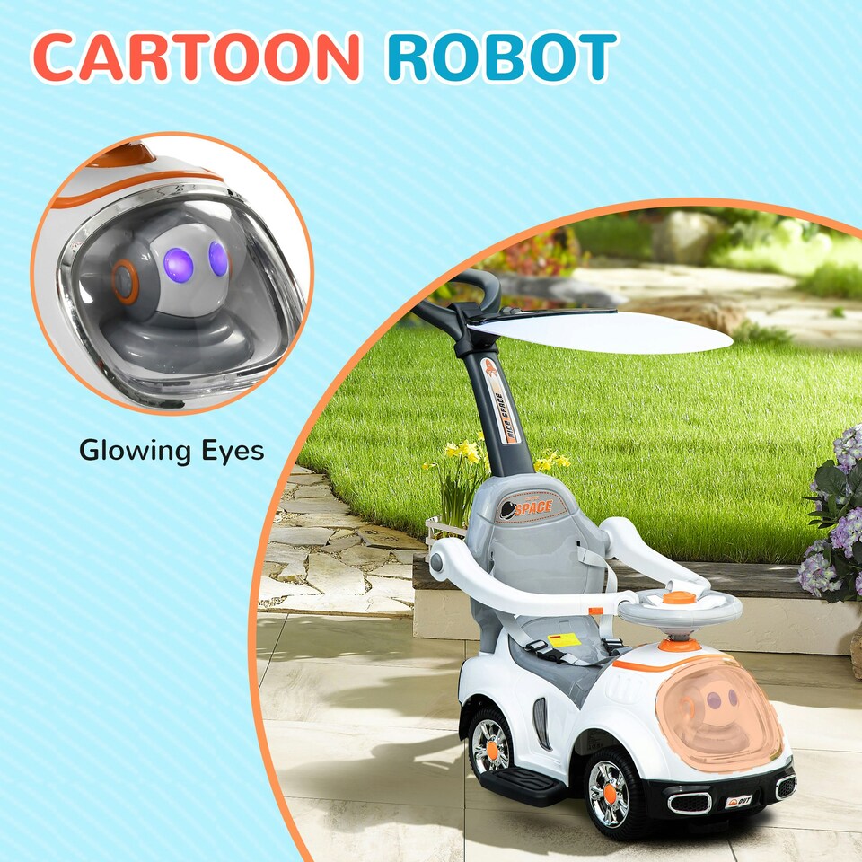 image 1 of AIYAPLAY 3 in 1 Ride on Push Car, Cartoon Robot Foot to Floor Slider - White