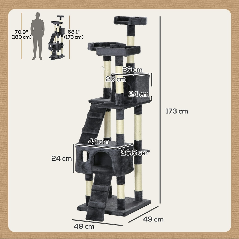 image 1 of PawHut 173cm Cat Tower Scratching Post Activity Centre for Indoor Charcoal