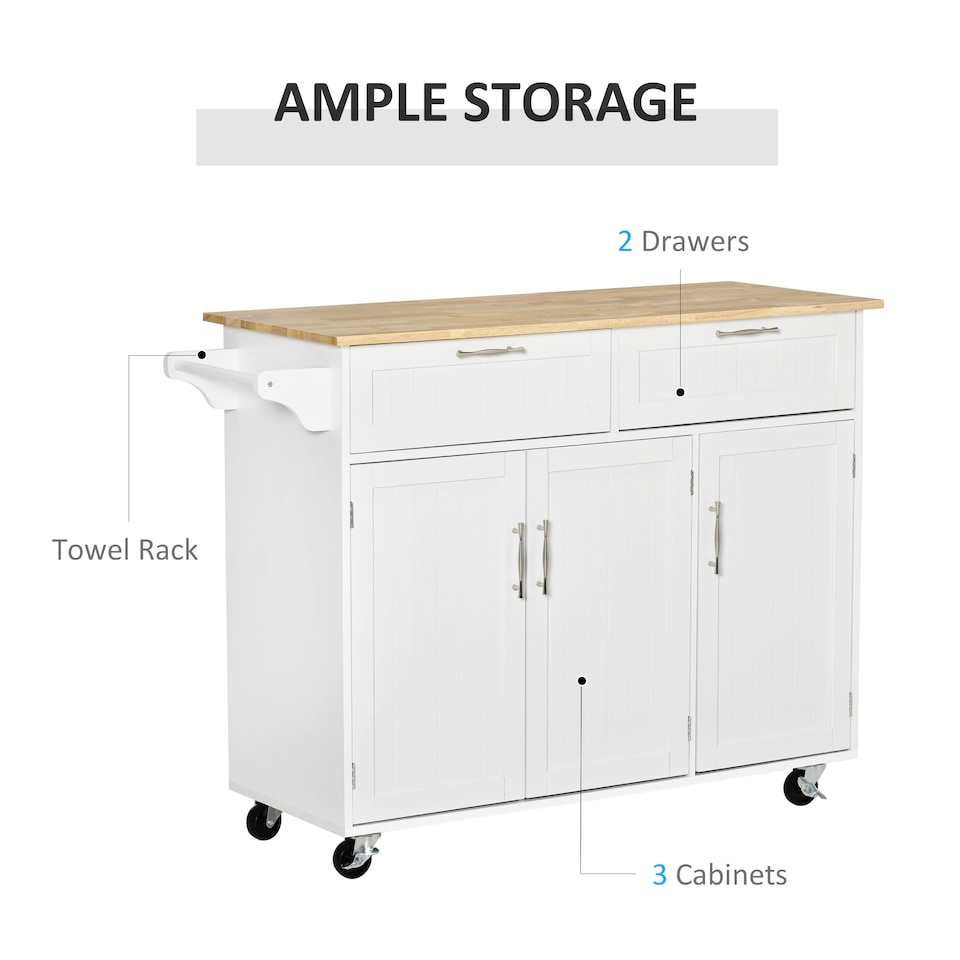 image 1 of HOMCOM Kitchen Island Utility Cart, with 2 Storage Drawers & Cabinets for Dining Room, White