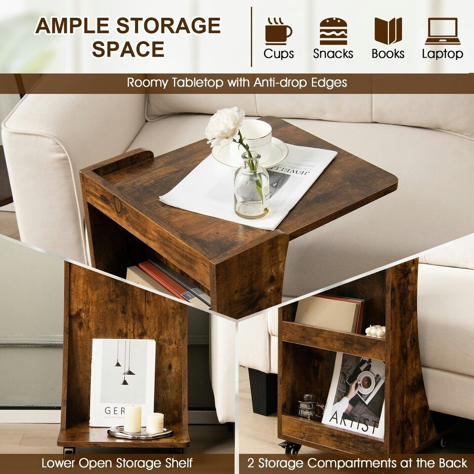 image 1 of COSTWAY C-Shaped End Table Mobile Sofa Side Table Brown