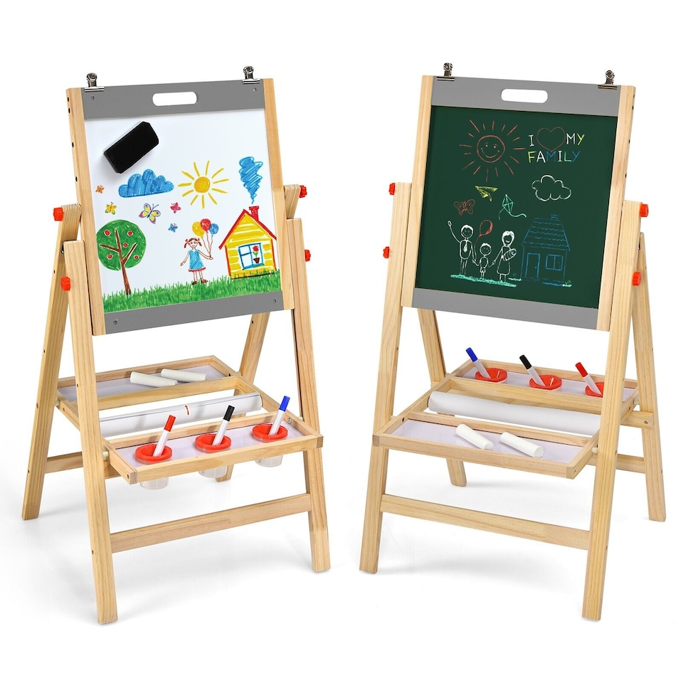 image 1 of COSTWAY 3-in-1 Foldable Kids Easel Kids Wooden Art Easel Double Sided Blackboard Chalks