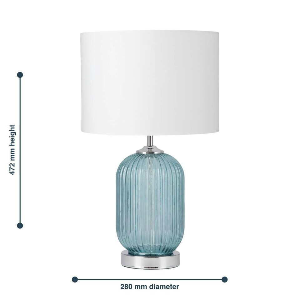 image 1 of First Choice Lighting Set of 2 Turquoise Ribbed Glass Lamps with White Shades Chrome | White