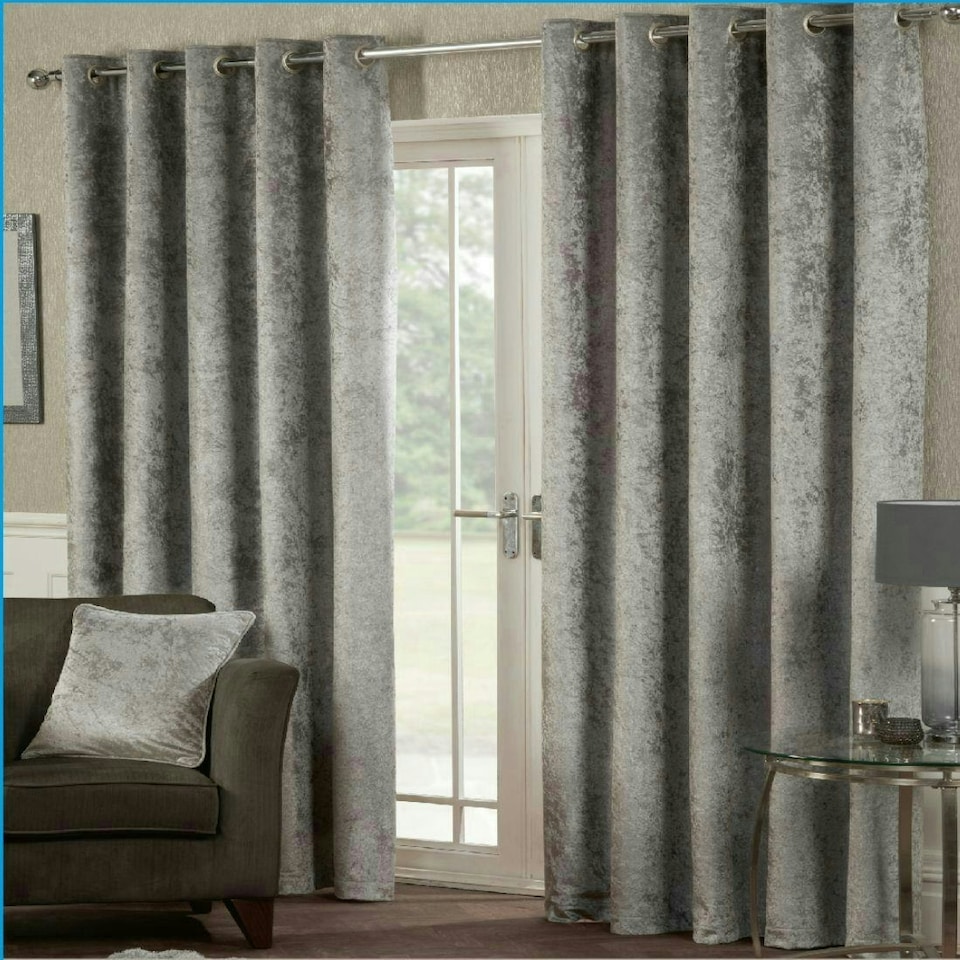 image 1 of Crushed Velvet Eyelet Curtains - Silver - 116 cm x 229 cm