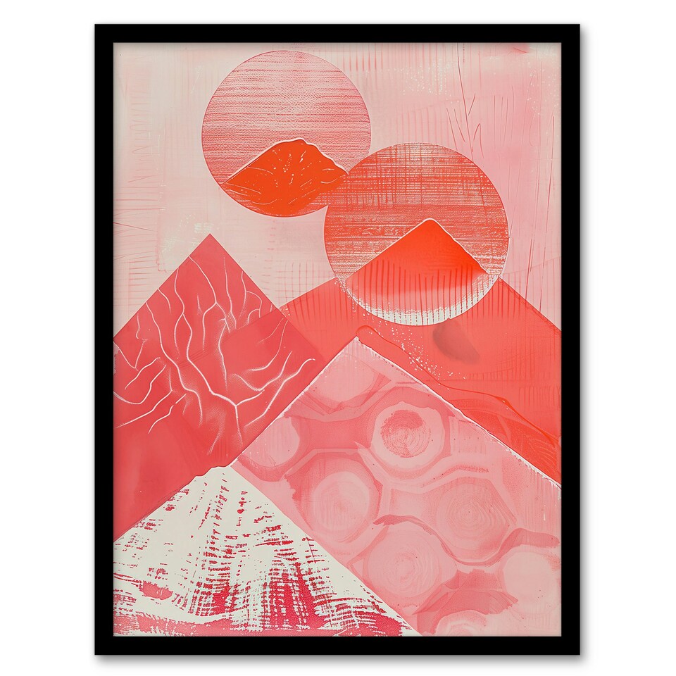 image 1 of Coral Pink Mountain Range Abstract Geometric Black Framed Wall Art Print A4