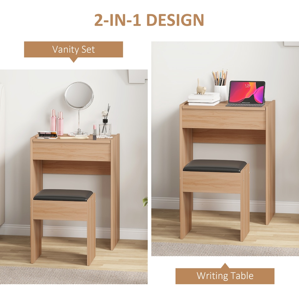 image 1 of HOMCOM Dressing Table Set Cushioned Stool Flip-up Mirror Chipboard - Wood Grain