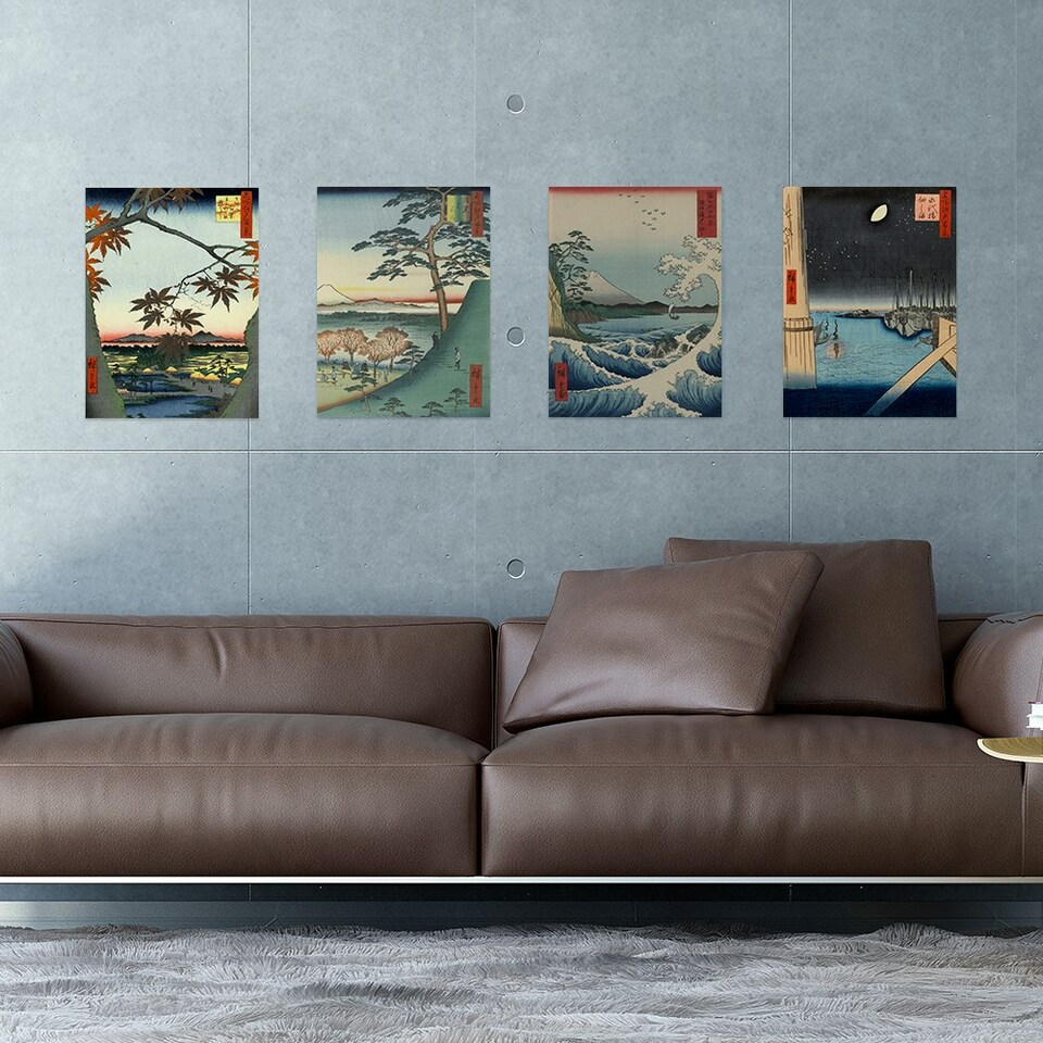 image 1 of Set of 4 Japanese Woodblock Utagawa Hiroshige Ukiyo-e Home Decor Wall Art Print 12x16 Inch