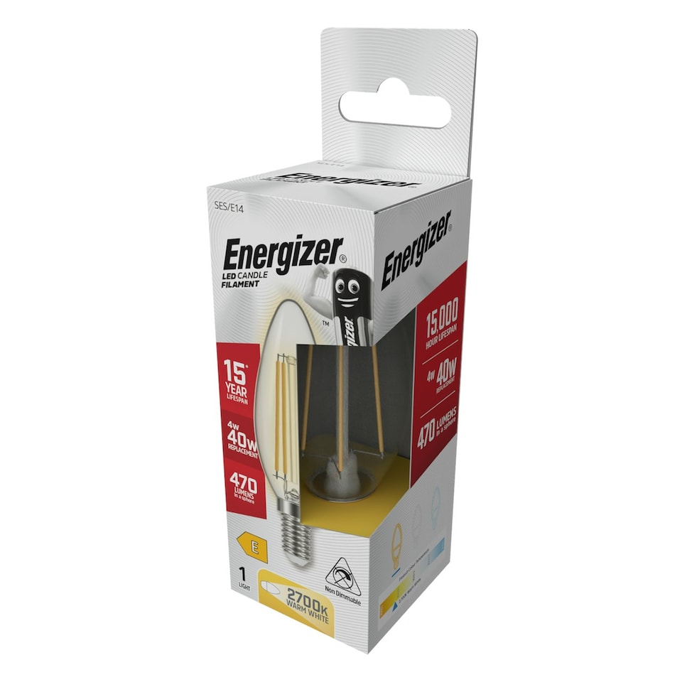 image 1 of Energizer LED Filament Candle E14 470lm 4W 2700K (Warm White) Light Bulb - Pack of 3