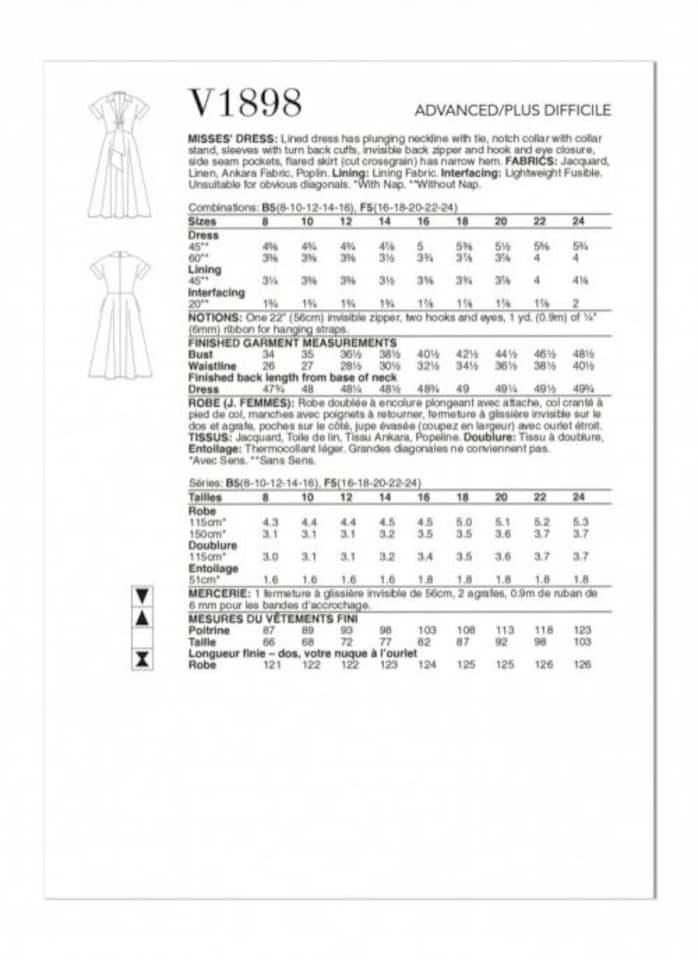 image 1 of Vogue 1898 Paper Sewing Pattern – Women’s Dress, Size B5 (8–10–12–14–16), Advanced