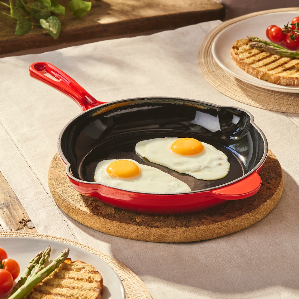 image 1 of Cooks Professional 2 Piece Cast Iron Frying Pan & Skillet Set with Enamel Interior - Oven Safe & All Hob Compatible | Red | Red