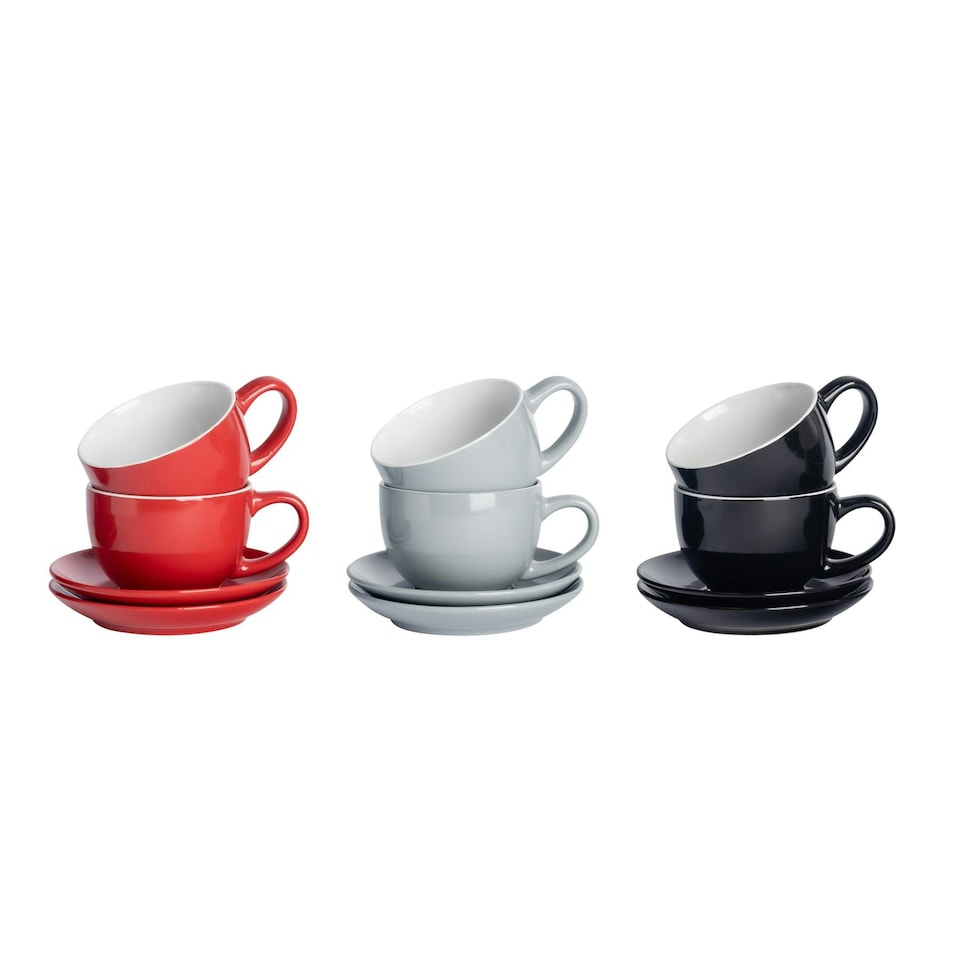 image 1 of Argon Tableware 12pc Coloured Cappuccino Cup & Saucer Set - 250ml - Lancashire - Coffee Cup Latte Cup Drinking Cup