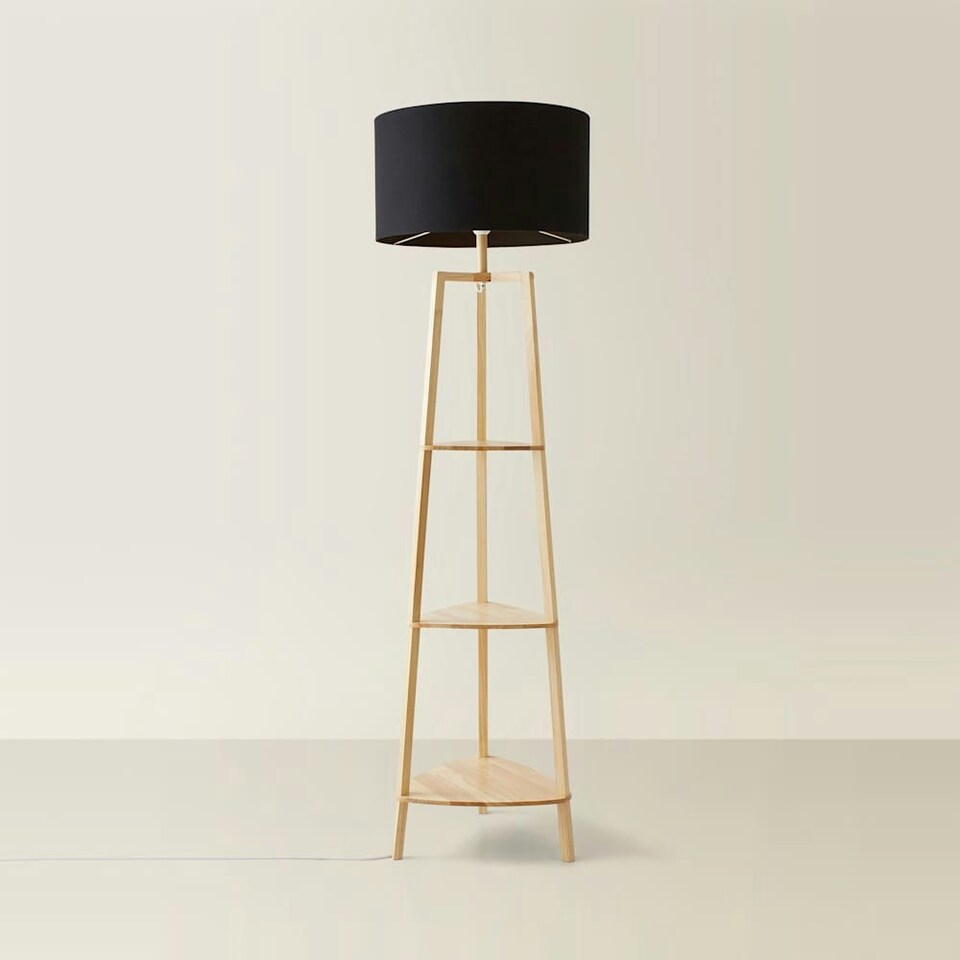 image 1 of ValueLights Hiru Wooden 3 Tier Shelf Floor Lamp Black Shade Black