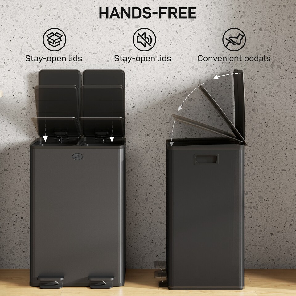 image 1 of HOMCOM Dual Kitchen Bin, 2 x 28L Stainless Steel Double Rubbish Bin with Soft Close Lid, Removable Inner Buckets, Fingerprint-Proof for Recycling and Waste, Black | Black | Black