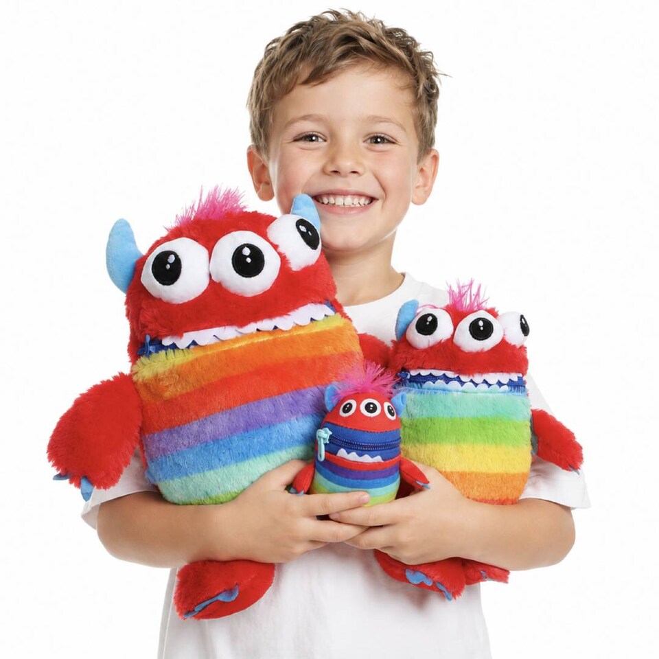 image 1 of Kids Worry Yummy Monster Cuddly Plush Toy Gift Set of 3 - Jumbo, Large and Clip-On Sizes Included