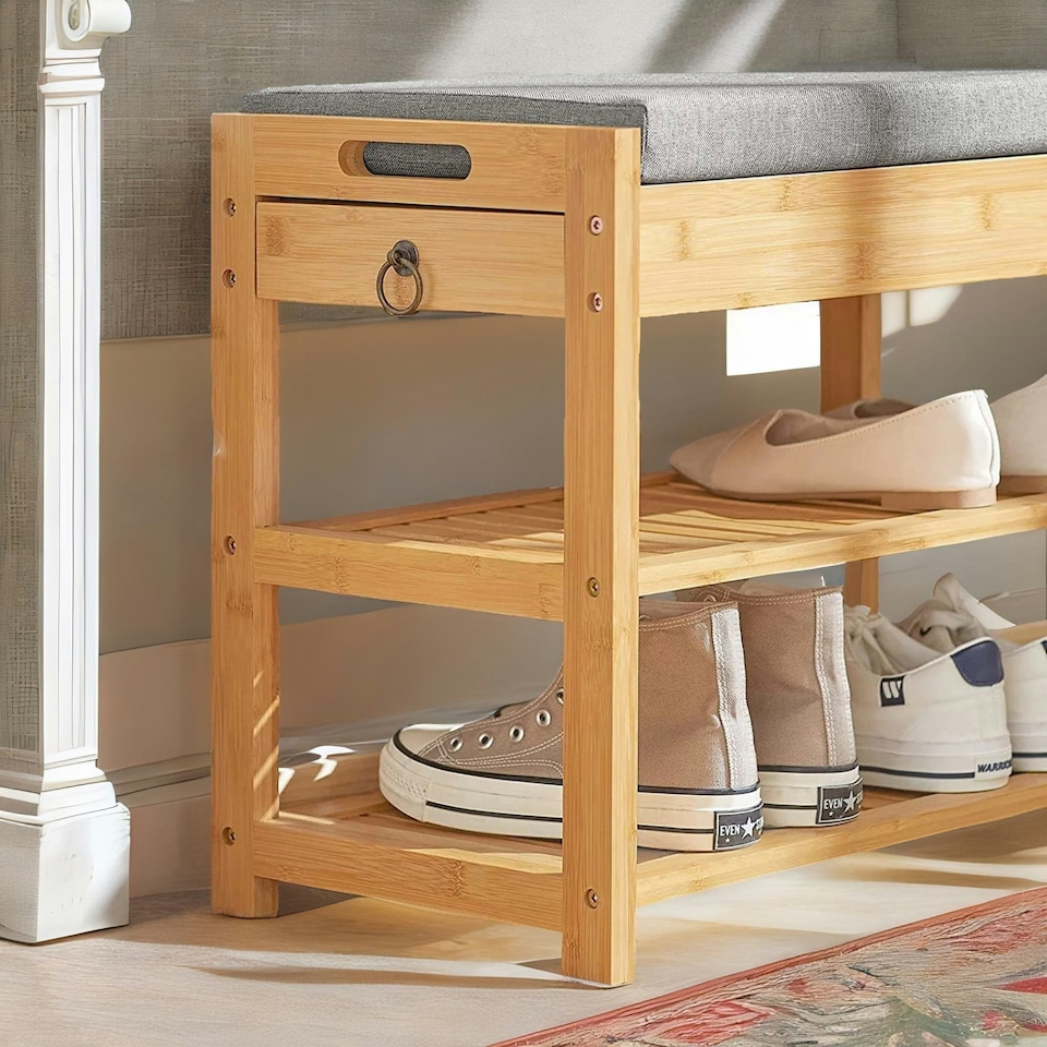 image 1 of Wooden Shoe Storage Bench With Hidden Drawer & Cushioned Seat Brown