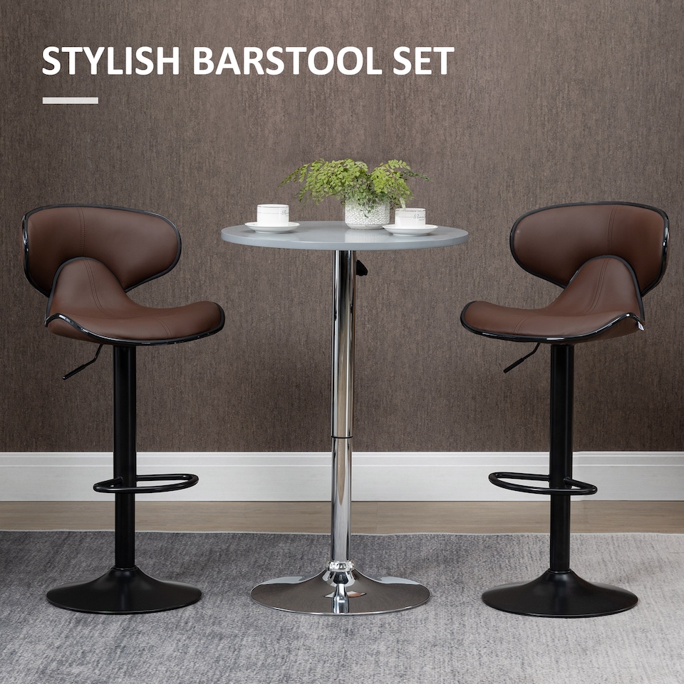 image 1 of HOMCOM Adjustable Swivel Bar Stools Set of 2, Barstools with Footrest and Backrest, Steel Frame Gas Lift, for Kitchen Counter Dining Room, Brown