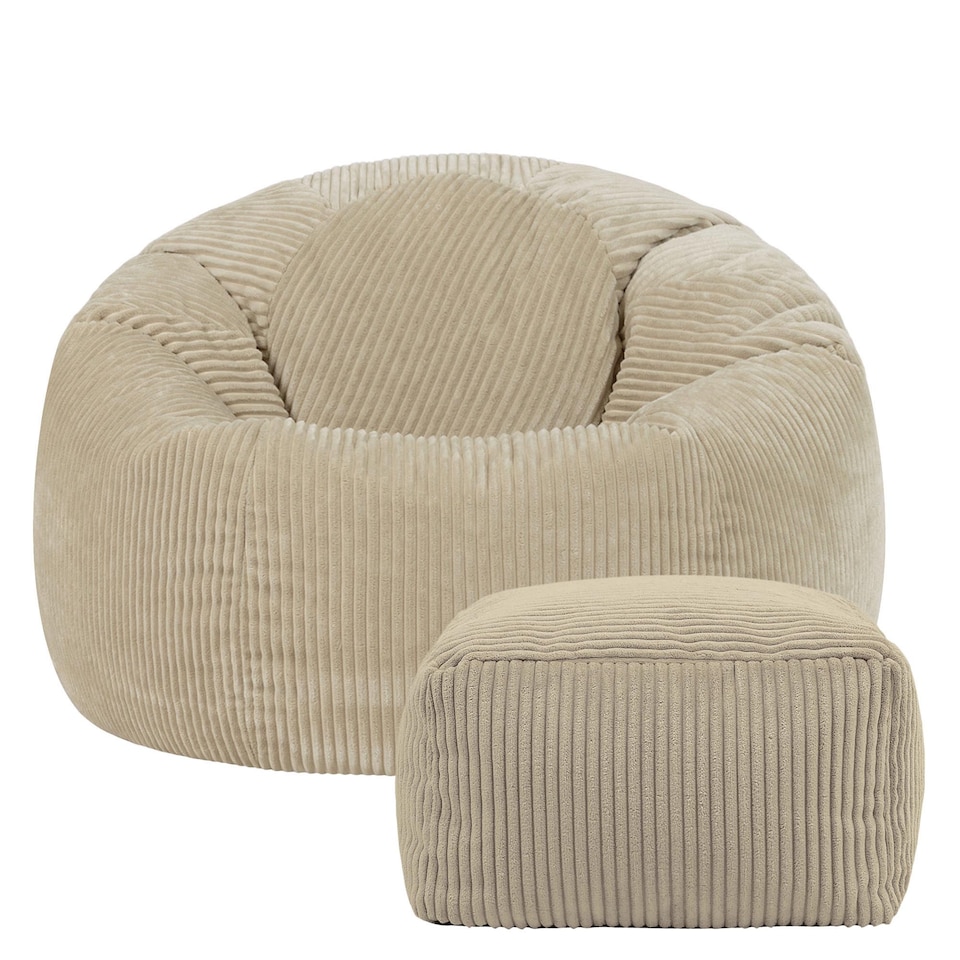 image 1 of Kingston Cord Adults Bean Bag Chair and Pouffe, Ready Filled Beanbag and Footstool Stone Beige | Cream | Natural | 2