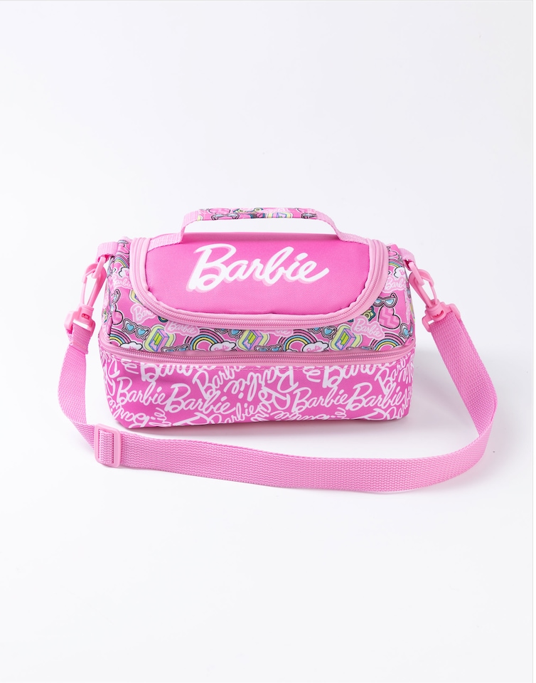 image 1 of Barbie Girls Pink Lunch Bag with Bottle & Snack Pot | Stronger Together Zip-Up Carry Set | Adjustable Shoulder Strap | Back to School Cartoon Graphic Design | Barbie Merch