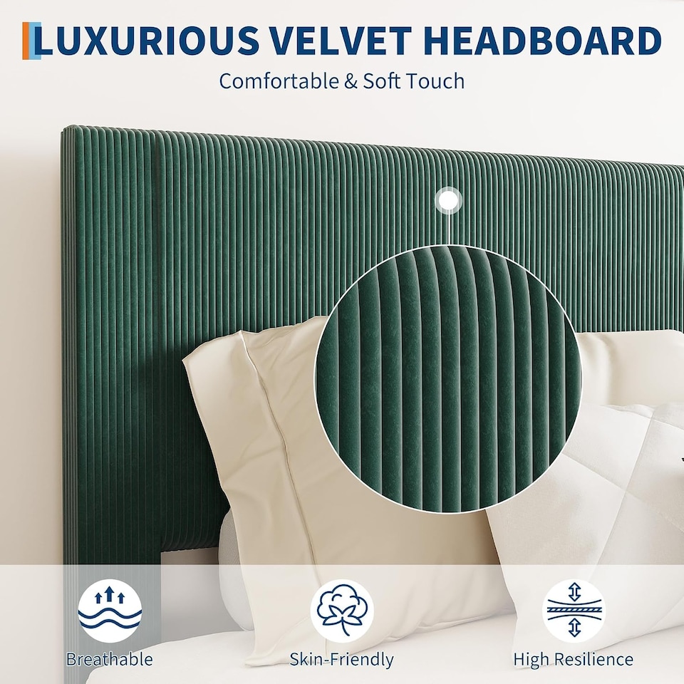 image 1 of London Boutique Double Platform Bed Frame with Velvet Upholstered Headboard, Wood Slats Support, Green 135 x 199 cm