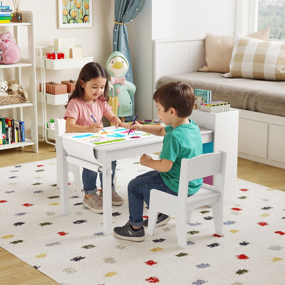 image 1 of COSTWAY Kids Art Table and Chairs Set with 2 Chairs White