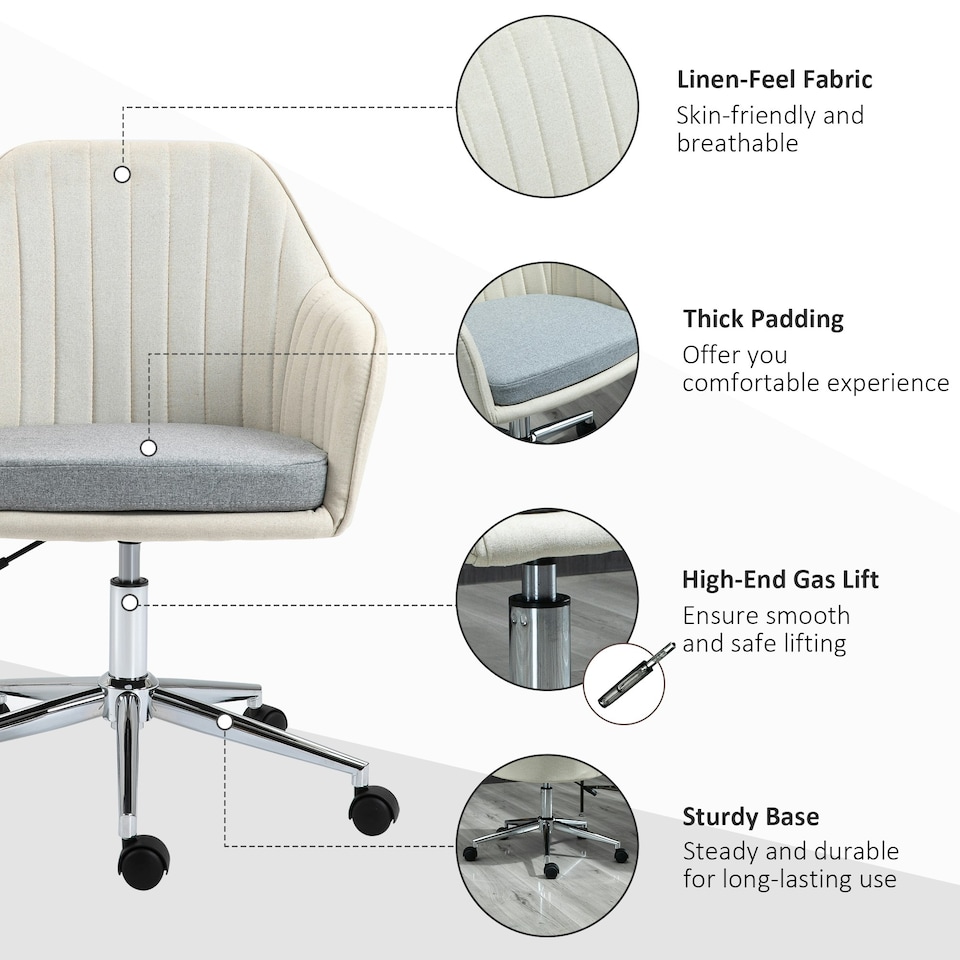 image 1 of Vinsetto Leisure Office Chair Linen Swivel Desk Chair Home Study w/ Wheel, Beige