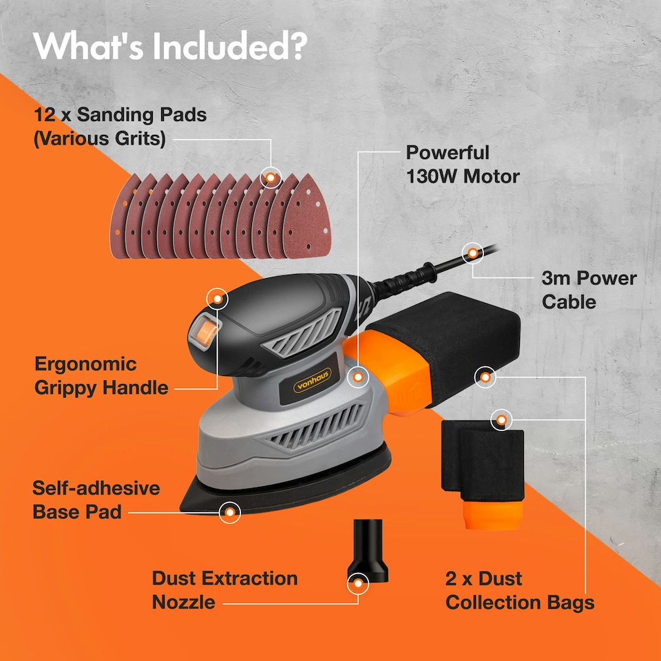 image 1 of VonHaus 130w Electric Detail Sander for Wood with Dust Collector