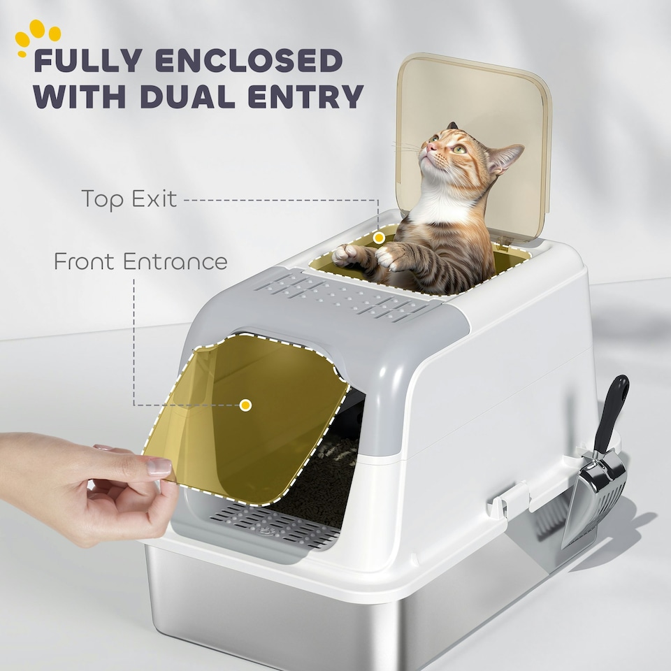 image 1 of PawHut Stainless Steel Litter Box, Enclosed Metal Litter Tray with Scoop White | One Size