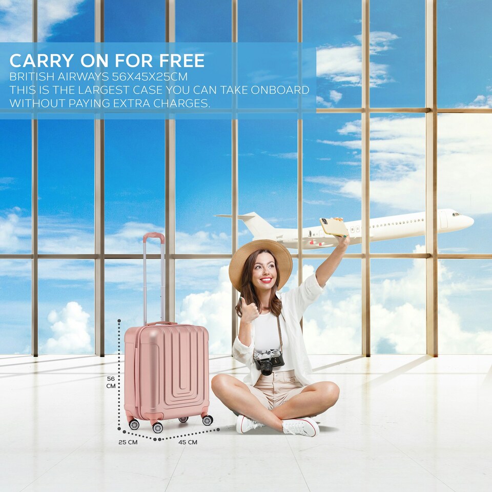 image 1 of Flight Knight Premium Hard Shell Lightweight Cabin Suitcase - 8 Spinner Wheels - Built-in TSA Lock & USB Port - easyJet Large Cabin Approved - 56x45x25cm Pink | Rose Gold | Cabin Bag