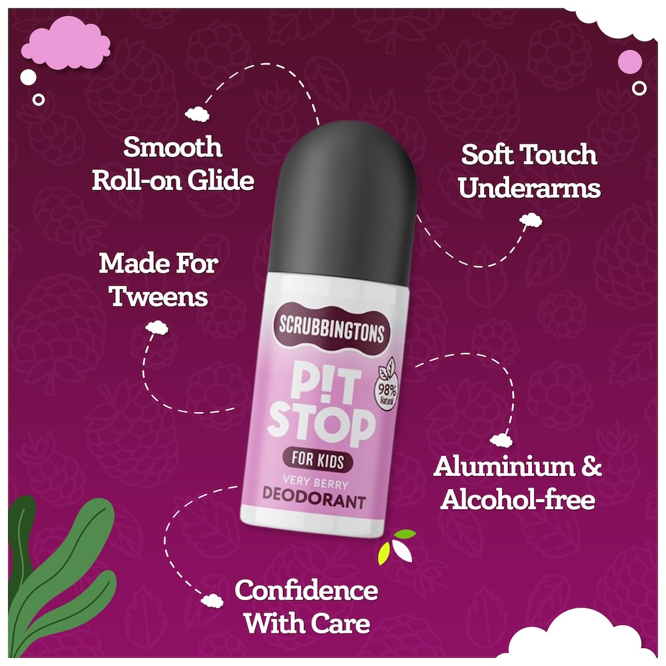 image 1 of Scrubbingtons Pit Stop Kids Deodorant Natural Roll On For Children, Teens Natural Ingredients For Sensitive Skin Paediatrician approved, Aluminium & Alcohol Free, Very Berry 75ml | White | White | 1