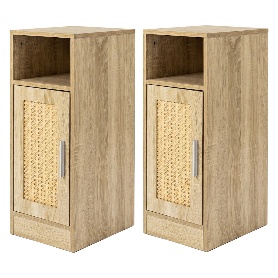 image 1 of Levede Bedside Table 2 Pc Narrow Side Table Boho Rattan Storage For Bedroom Wood
