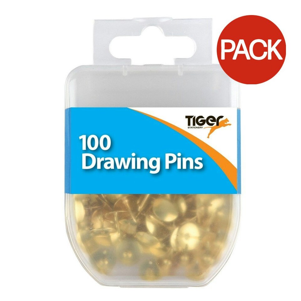 Tiger Stationery Essentials Drawing Pins (Pack of 100) - Brass - One Size