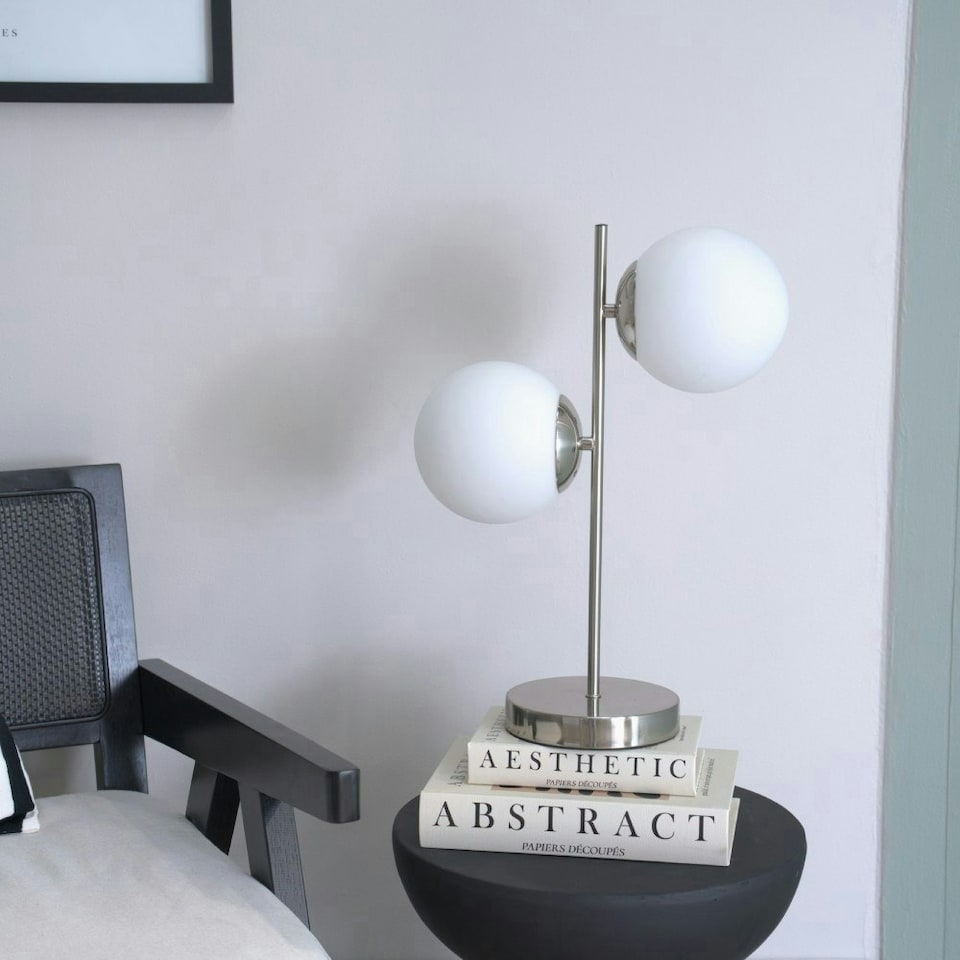 image 1 of ValueLights Jas Opal White Frosted Glass Globe Shades 2 Way Silver Chrome Table Lamp