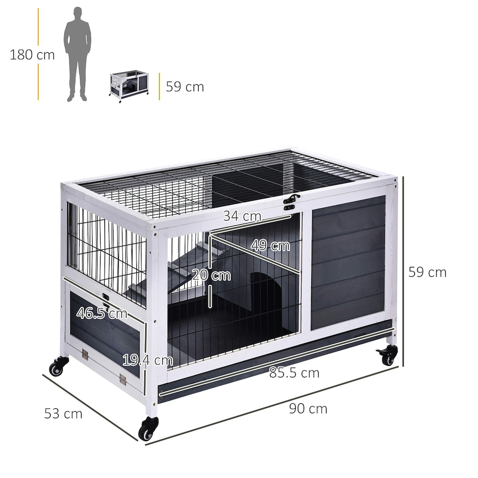 image 1 of PawHut Rabbit Cages, Guinea Pig Hutch w/ Roof & Wheels, No-Leak Tray, White