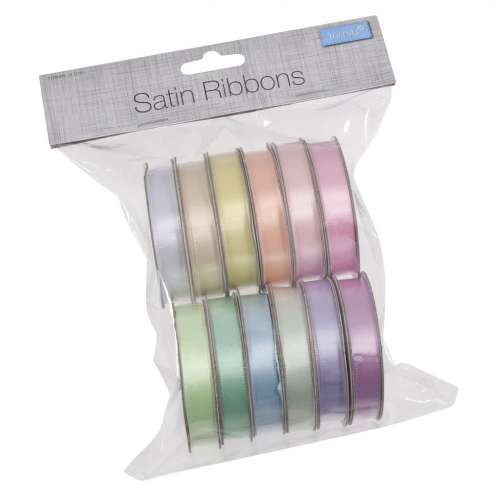 Trimits STN RBN BAG PASTELS - Satin Ribbon Bag: Pastel: 2m x 10mm: 12 Pieces