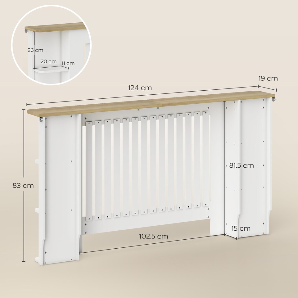 image 1 of HOMCOM Radiator Cover with Open Storage Shelves, Vertical Slatted Cabinet Shelf Heater Cover for Living Room, Hallway, Large, White (H: 83 / W: 152 / D: 19 cm) | White