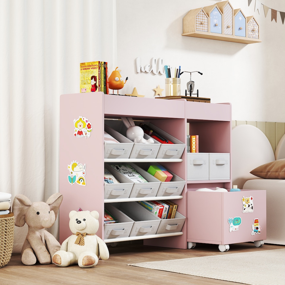 image 1 of AIYAPLAY Kids Toy Storage Unit, Children Toy Box Organiser with 11 Fabric Bins, Cabinet, Top Shelves, 3 Stickers, Kids Storage Unit Bookshelf for Nursery, Playroom, Kindergarten | Pink