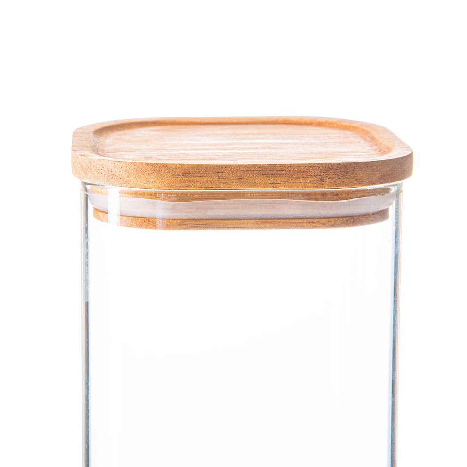 image 1 of Argon Tableware Square Glass Storage Jars with Wooden Lids - 1.1 Litre - Pack of 6