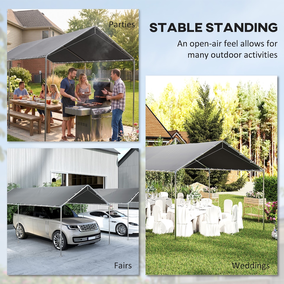 image 1 of Outsunny 2-Rooms Outdoor Carport Galvanized Steel Frame Tent UV Resistant Grey | Grey | Grey