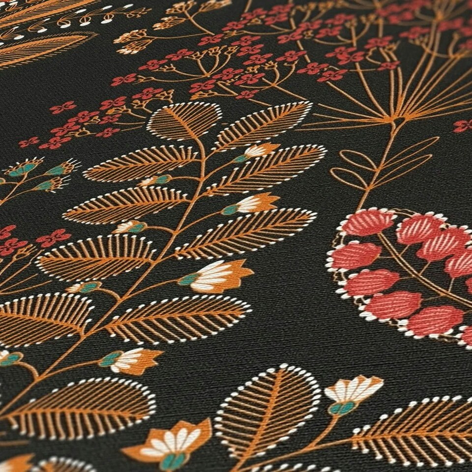 image 1 of Midnight Botanicals Multicoloured Wallpaper on Charcoal Red