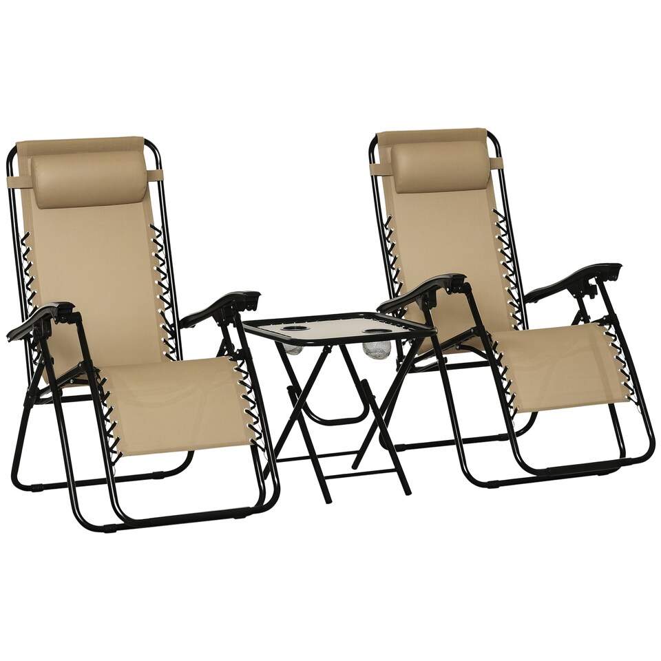 image 1 of Outsunny Folding Zero Gravity Chairs, 3 Pieces Adjustable Sun Lounger and Table Set with Cup Holder and Headrest, Patio Bistro Set with Reclining Garden Chairs for Outdoor, Beige