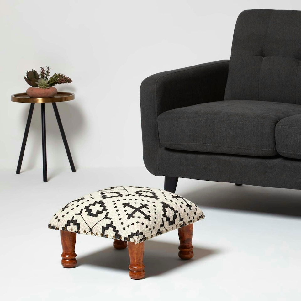 image 1 of Homescapes Reva Black Geometric Footstool - 40 x 40 x 25 cm